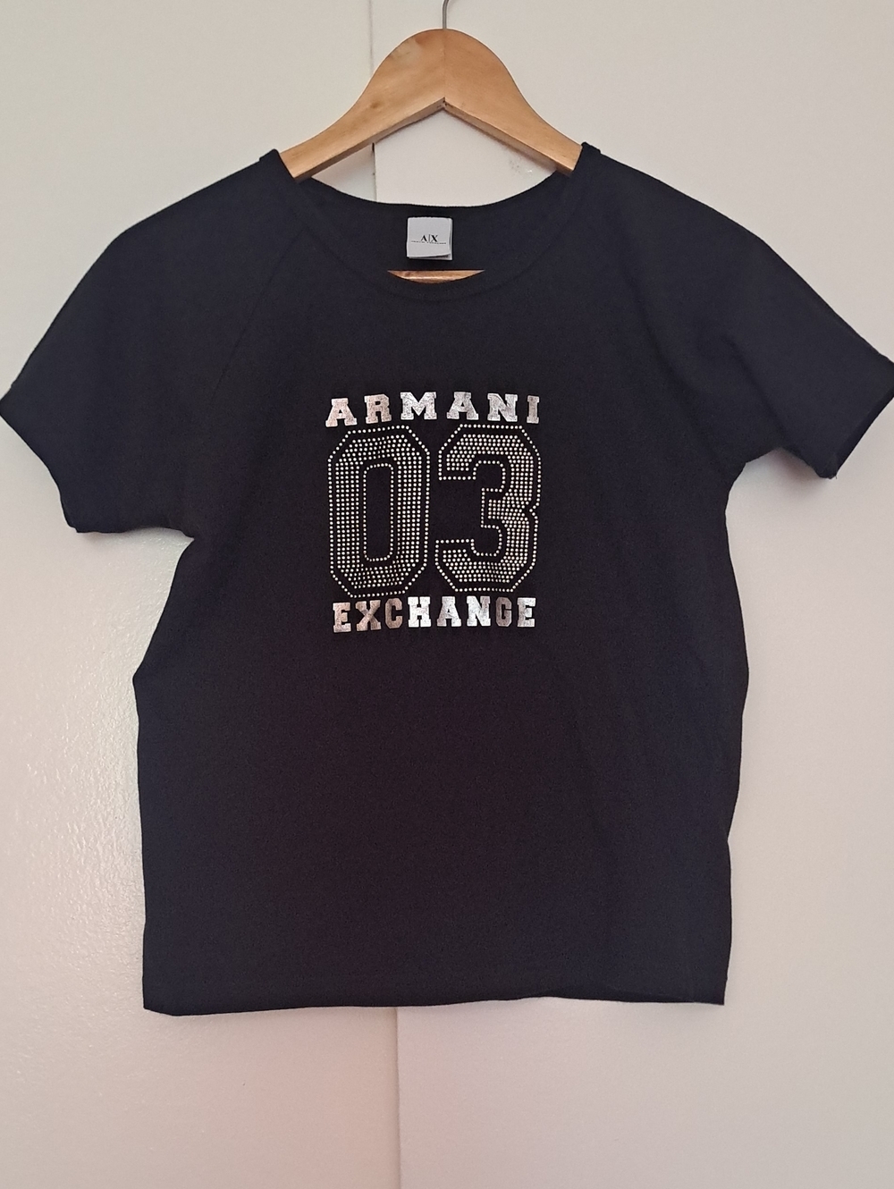 Armani Exchange Black Tee with Silver Rhinestone '03'